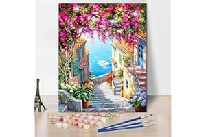 TISHIRON Street Scenery Paint by Number for Adults, Stairs To The Sea Art Paint by Numbers, Flower Garden Sea Bay Landscape Paint by Numbers for Adults Beginner Oil Painting Canvas Wall Art 16"x20" Frameless
