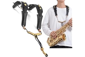 JIAMIAN Saxophone Shoulder Strap, Universal Double Leather Shoulder Strap for Saxophone, Leather Saxophone Strap with Widened Shoulder Pads and Adjustable Buckle for Any Saxophonist (Golden)
