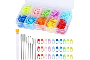 Doxiru 120 Pcs Crochet Stitch Markers, 10 Color Knitting Markers 9 Pcs Big Eye Sewing Needles with Plastic Box for DIY Crochet Stitch Markers