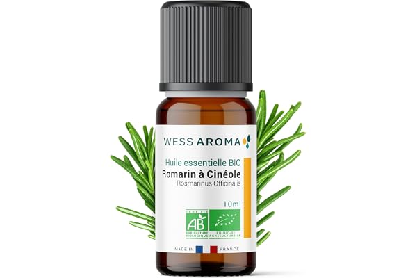 Huile Essentielle BIO de Romarin à Cinéole 10ML - Certifiée AB - 100% Pure & Naturelle, Chémotypée HEBBD - Pratiques agricoles durables - Analysée et conditionnée en France