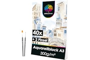 OfficeTree 40 x Aquarellpapier A3 300g - Aquarellblock mit Pinsel - Acrylpapier - Watercolor Paper A3 - Aquarell Papierblock für Aquarell Zeichnen Malen