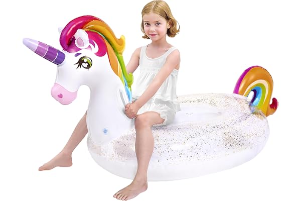 JOYIN Uppblåsbar pool för barn, enhörning pool-flottör med glitter roliga poolflottar, åka på enhörning strand sjö flyttar flottt, fest i sommardekorationer, poolleksaker för barn (152,4 x 75 x 85 cm)