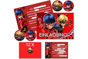 OSOFREE 12x Ladybg Einladungskarten Kindergeburtstag Mädchen mit Umschlag Deutsch, Cartoon Geburtstag Einladungskarten Set für Themed Party, Kindergeburtstags Party Einladungen (A6)