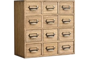 KIRIGEN Wood Storage Drawer Units Desktop Organiser Traditional Chest of Drawers Retro Apothecary Cabinet 12 Mini Drawers with Metal Handles for Trinket Dark Brown (12CG-DBR)