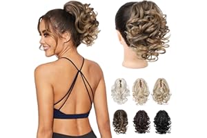 REECHO Ponytail Extension - 23 cm Kurze lockige gewellte Haarklammer Haarteil Pferdeschwänze Haarverlängerungen Haarteile Ponytail Extension - Dunkles Aschblond mit Goldenen Enden