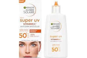 ‎GARNIER Garnier UV-Sonnenschutzfluid gegen dunkle Flecken, Sehr hoher Sonnenschutz mit LSF 50+, Unsichtbares Finish, Ambre Solaire Super UV Vitamin C Daily Fluid, 1 x 40 ml