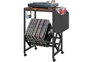 COWISH Record Player Stand Vinyl Record Player Table with Storage Hold 80 Albums Turntable Stand with Organizer Pocket and Wheels