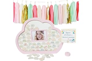 Didart Handmade Libro de firmas comunion niña con Foto. Marco de Madera. 50 Nubes para Firmar. Regalo de comunión, Bautizo, cumpleaños y Aniversario. Recuerdos de comunion (Rosa)