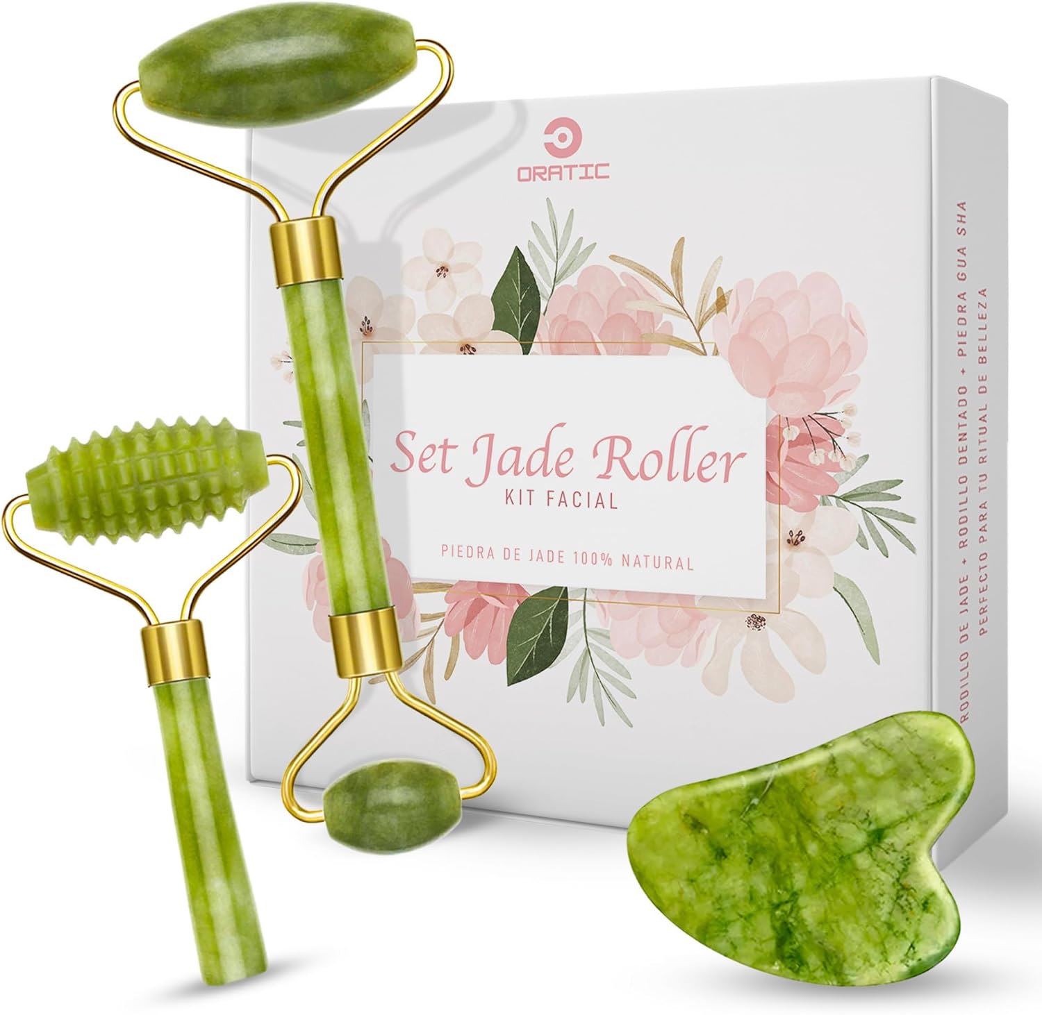 Set GuaSha Facial y Rodillo de Jade 100% auténtico | Masajeador Facial con Rodillo Liso, Rodillo Dentado y Piedra Guasha | Kit Reafirmante y Drenaje antiarrugas para tonificar la piel