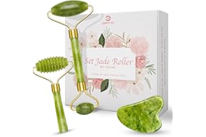 Set Gua Sha Facial y Rodillo de Jade 100% auténtico | Masajeador Facial con Rodillo Liso, Rodillo Dentado y Piedra Guasha | Kit Reafirmante y Drenaje antiarrugas para tonificar la piel