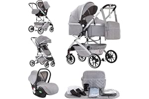 Kakbgee 3 in 1 Baby Stroller, City Pram Travel System, Pushchair One-Click Folding, Baby Buggy, Carrycot & Car Seat Unit with Mosquito Net, High Landscape Stroller for Newborn 0-4Years LightGray
