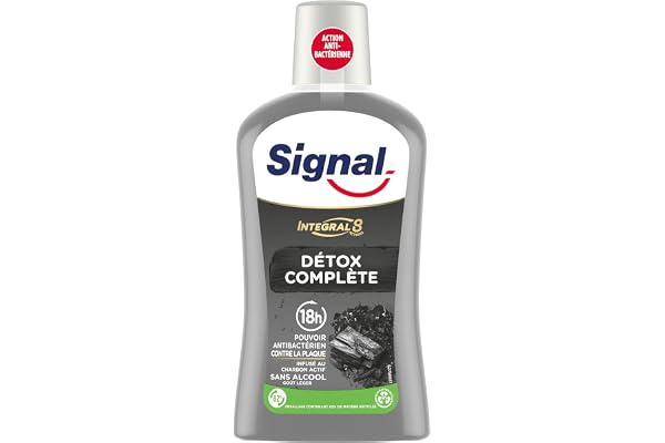 SIGNAL - Bain de Bouche Intégral 8 Détox Complète - Infusé au Charbon Actif - Enrichi en Zince Minéral pour une éfficacité antibactérienne pendant 18h - Sans Alcool - 500ml