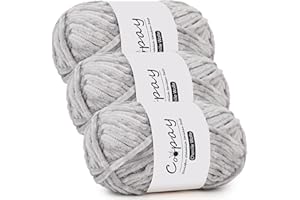 Coopay Lana de Chenilla para Ganchillo - 3 x 100 g de Felpilla Aterciopelada, Hilo Grueso y Esponjoso, Suave para Mantas y Bufandas - Gris Claro