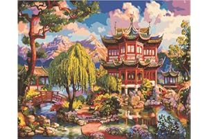PPTRTYQ Paint by Number for Adults, DIY Oil Painting Kits with Brushes and Acrylic Pigment Canvas Painting Decor 16 x 20 inch -Chinese architectural landscape, beautiful manor