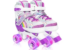 MammyGol Roller Skates for Girls Kids, 4 Size Adjustable Rainbow Quad Skates with All Light Up Wheels for Toddlers Boys Outdoor Indoor
