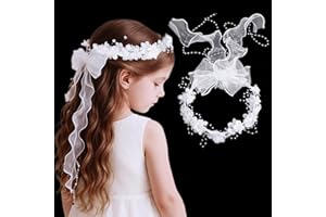 GEEHUA Haarschmuck Kommunion Mädchen, Blumen Stirnband Schleier, Weiße Blume Erstkommunion Schleier Kopfschmuck Mit Perlen Haarschmuck Kommunion Für Frauen Mädchen Hochzeit