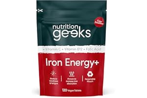 NUTRITION GEEKS Iron Tablets High Strength - Energy Tablets with Vitamin C, B12 & Folic Acid - 120 Vegan Iron Supplements for Women and Men - 14mg - Enhanced Energy Support & Increased Absorption - UK Made