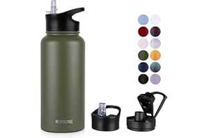 MURBONE Insulated Water Bottle, 1L Stainless Steel Drink Flask with Straw, BPA Free, 2 Lids (Straw Lid and Spout Lid), Leakproof Double Walled Vacuum Water Bottle, Army Green