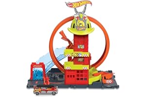 Hot Wheels City Coffret Looping Caserne de Pompiers avec 1 voiture, ascenseur manuel, rampe jet d’eau, éléments de piste, Jouet Enfant, Dès 3 ans, HKX41