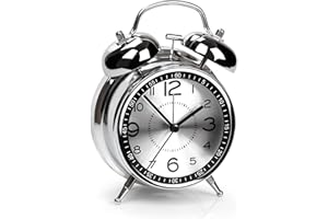 AYRELY® Double Bells Retro Alarm Clock Loud for Deep Sleepers - 4 Inch Analogue No Ticking, Metal Dial with Night Light for Bedrooms and Bedside Tables (Grey)