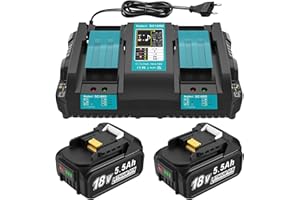 TEENPOWER DC18RD 18V Ladegerät + 2 Stück 5,5Ah Ersatzakku Kompatibel mit Makita Akku und Ladegerät, 18V ErsatzAkkus BL1860B BL1850B BL1860 BL1850 BL1840