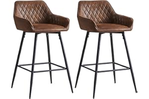 AINPECCA Bar stools Set of 2 Brown Suede Upholstered Seat with Backrest & Armrest Black Metal Legs Counter Breakfast Chairs Kitchen