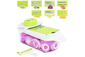 SEDHOOM DIRECT Mandoline de Cuisine Professionnelle, Coupe Legumes en 7 Lames inox Remplaçables, Multifonctions Mandoline Cuisine Manuel avec Récipient, pour Pommes de Terre/Tomate/Oignon/Poivron/Ail