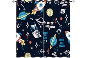ANHOPE YUANZU Space Doodle Curtains - Kids Rocket Planet Star Slogan Print Pattern Eyelet Blackout Thermal Insulated Room Darkening Window Drapes for Boys Girls Baby Nursery Bedroom 2 Panels W75cm x D166cm
