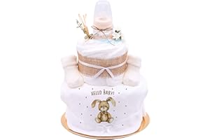 ‎TREND MAMA KEIN STREICHELZOO Trend Mama® | Sprüche Windeltorte | Hello Baby | Baby Lätzchen mit niedlichen Babysocken und Babyflasche | Baby Party Geschenk (Hello Baby | Motiv Hase)