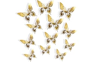 LAHVIUU 3D Butterfly Wall Stickers,12 pcs Room Decor Wall Decals Butterfly Stickers Decorations Mirror Sticker for Girls Boys Bedroom Party Cake Wedding Decors 3 Sizes(Gold)