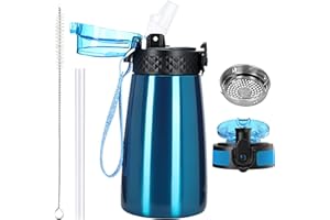 OLDLEY 350ml/12oz Botella Agua Acero Inoxidable para Niños con Pajita para Escuela con 2 Tapas Diferentes Botellas Agua Aisladas Vacío Metal Frasco Pequeño Pequeños Bebidas Frías y Calientes Sin BPA