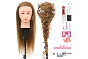 NEVERLAND BEAUTY & HEALTH Cabeza Maniqui Peluqueria Neverland Cabeza de Muñeca para Peinar 28" 60% Cabello Real para Prácticas de Cosmetología, Entrenamiento con Pinza de Mesa + Accesorios de Peinado (Rubio)