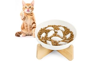 HAPPY HACHI Gamelle Anti Glouton Chat avec Support en Bambou, Gamelle Chat surélevée Céramique, Réduit Les vomissements et Les ballonnements (Blanc)