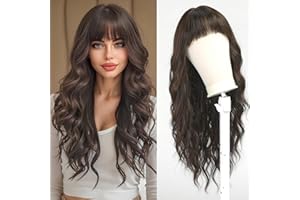 Esmee Long Wavy Black Brown Wig for Women Natural Synthetic Hair Heat Resistant Wigs with Fringe