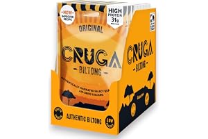 Cruga Biltong Original 12 x 60 g – Premium torkat nötkött – Högproteinsnack (över 50% protein) – Glutenfritt och lågkolhydratinnehåll – Fitnesssnack för gym, sport och utomhusbruk