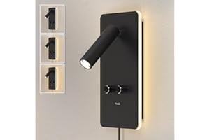 HYMELA M04 Ścienna lampa do czytania z regulacją jasności (0,9-3,7W) - LED z podświetleniem 1,2-6W, port USB, do montażu na wtyczkę lub stałe podłączenie，Czarny