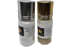 Lot von 100 mg 24 Karat Goldpulver und 100 mg reines Silberpulver 100 % essbare Sim Gold Leaf Pulver, Silber Gold, 200mg