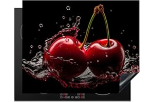 KitchenYeah© Protection Pour Plaque Induction 65x52 cm Deco Cuisine Protégé Cache De Cuisson Vitroceramique Cerises - Rouge - Fruit - Eau - Noir