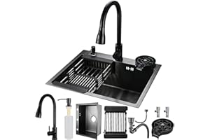 Cieex Evier Multifonction Noir Evier Cuisine Inox Professionnel Évier Simple 55 * 45CM avec Robinet Rétractable Distributeur de Savon Lave-gobelet et Kit de Plomberie Complet