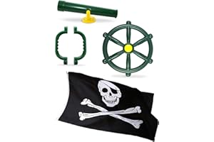 HIKS Green Kids Toy Climbing Frame Accessory Bundle Telescope, Pirate Wheel, Climbing Handles also Suitable for Tree Houses, Childrens Play House and Dens