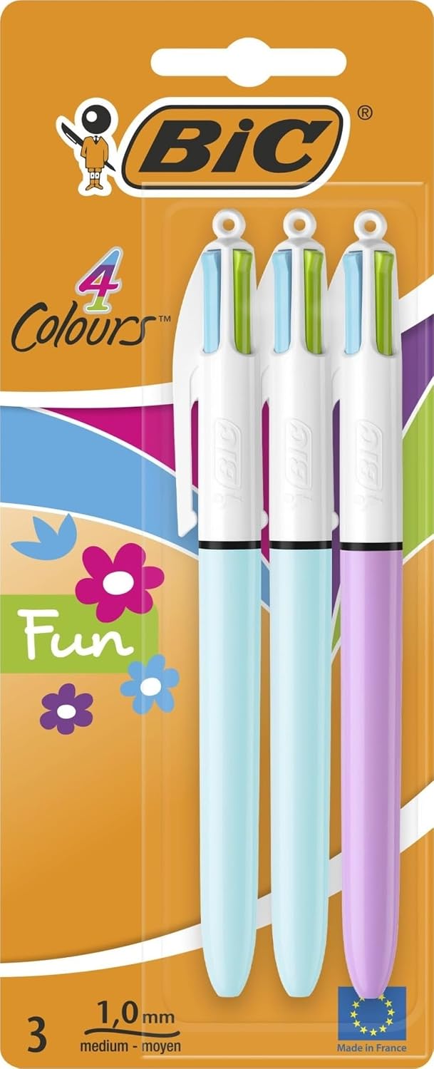 BIC 4 Couleurs Fun Stylos-Bille Rétractables Pointe Moyenne (1,0 mm) - Couleurs Fantaisie Assorties, Blister de 3