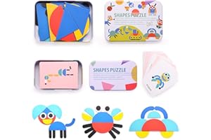 HellDoler Tangram Puzzle Bambini,36 Pezzi Tangram Legno Puzzle in Legno Tangram Montessori Giocattoli con 60 Carte di Design