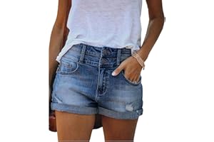 Bichingda Lässige Denim-Shorts für Damen, hohe Taille, ausgefranster Saum, zerrissene Sommerjeans, kurze Hotpants mit Taschen