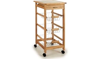 WADIGA TU TENDENCIA ÚNICA Carrito Frutero Verdulero con Cajón y 3 Cestas. Estructura de Madera y Acero Inoxidable en Las Cestas. Cuenta con 4 Ruedas para un fácil Transporte