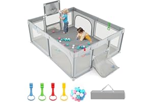 COSTWAY Parc Bebe avec 50 Balles Océaniques, Parc Enfant avec Panier de Basket, But de Football, Porte Zippée, 4 Anneaux de Traction, Clôture Portable pour 0-3 Ans (Gris Clair,88 x 157 x 100 cm)