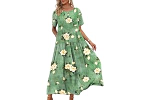 YESNO Damen Kleider Freizeit Lose Sommerkleid Lang Boho Maxikleid für Rundhals Strandkleid Blumenkleid EJFDE