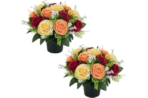 BLOSMON Artificial Flowers for Graves Pots: 2 Pcs Autumn Red Yellow Orange Roses Grave Flower Pots Silk Cemetery Ornaments Outdoor Decorations - Fake Funeral Memorial Arrangements for Graveside