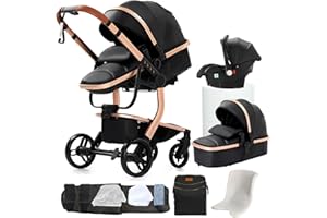 Veitoalioy Poussette combinée 3 en 1 en cuir synthétique - Poussette combinée confortable 3 en 1 - Kit complet - Aluminium haute paysage - Poussette pliable (518 noir)
