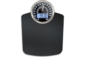 Adamson Bilancia Pesapersone Ibrida + Digitale & Analogica 2-in-1 - Fino a 180 kg - Ampio Display con Retroilluminazione + Robusto Vetro Temperato + Lettura Facile + NUOVO + Matrice Nera