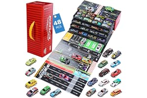 48 Pcs Pull Back Cars Toy Set with Gift Packaging Play Garage and Runway for Kids Ages 3-8+, Metal Shell Mini Racing Cars with Plastic Parts for Party Favors, Classroom Prizes, Random Colors